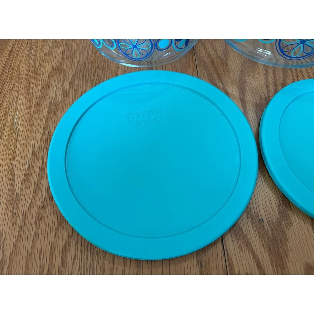 Pyrex 4 Piece Glass Food Storage Set Teal Blue Floral Bowls with Lids 7201 7402